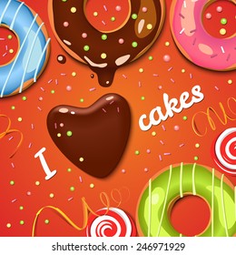 Chocolate donuts. Colorful vector background. Sweets. Cupcakes. Holidays backdrop. Food.