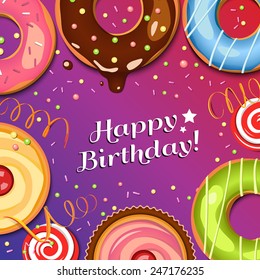 Chocolate donuts. Colorful vector background. Sweets. Cupcakes. Holidays backdrop. Food.