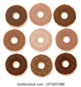 Chocolate donuts. Nine different donuts with glaze from light to dark brown chocolate. Isolated vector illustration on white background.
