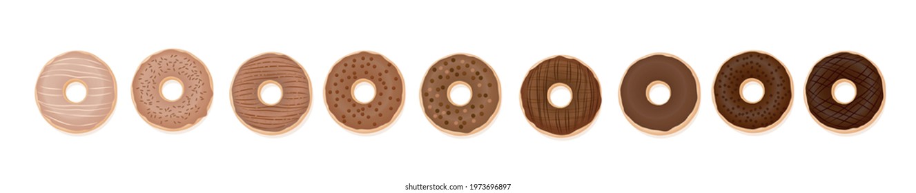 Chocolate donuts in a row. Nine different donuts, glazed from light to dark chocolate. Isolated vector illustration on white background.
