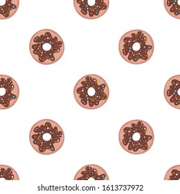 Chocolate donuts seamless pattern. Cute hand drawn vector illustration sweets on a white background for a birthday party, greeting cards, gift wrap.