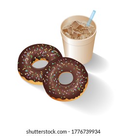  Chocolate Donuts with sprinkles topping  and Soft drink. Vector illustration on White background 