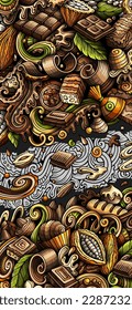 Chocolate doodle banner. Cartoon vector detailed flyer. Illustration with choco objects and symbols. Colorful background