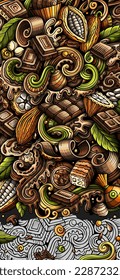 Chocolate doodle banner. Cartoon vector detailed flyer. Illustration with choco objects and symbols. Colorful background