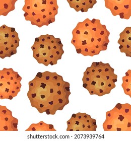 Chocolate doodle cookies on a white background. Seamless food sweet pattern. Suitable for packaging.