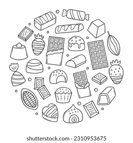 Chocolate doodle set.  Different kinds of chocolate. Cocoa bean, chocolate candies, chocolate bar in sketch style. Hand drawn vector illustration isolated on white background