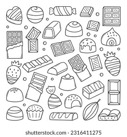 Chocolate doodle set.  Different kinds of chocolate. Cocoa bean, chocolate candies, chocolate bar in sketch style. Hand drawn vector illustration isolated on white background