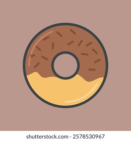 chocolate doughnut with outline flat vector design.