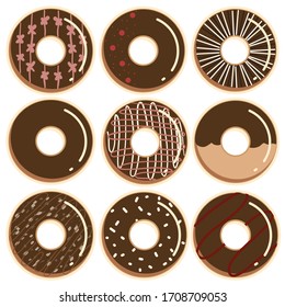 A Chocolate doughnut Set, with 9 different of doughnuts vector