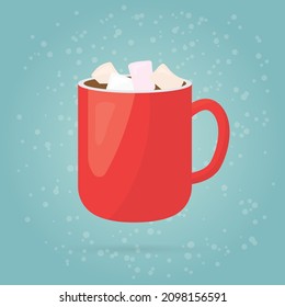 chocolate drink, cocoa cup with marshmallows over snowy pattern- vector illustration