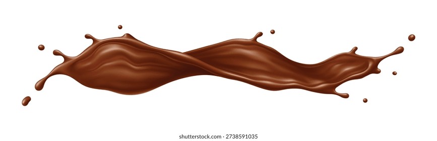 Chocolate drink flow splash and wave, realistic splatter. 3d vector choco milk cream or drink splashes, brown cocoa dessert flow. Coffee drink swirl or stream with drops, liquid splashing fluid drop