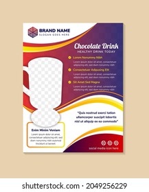 Chocolate drink flyer design template use vertical layout with white in the background. yellow, red and blue gradient on element design. Space of photo collage.