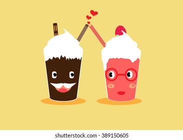 Chocolate drink and strawberry milk drink love couple concept cartoon