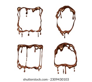 Chocolate drip frame hot melt drop splatter isolated set. Vector graphic design illustration