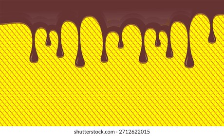 Ilustración de goteo de chocolate. Goteo de chocolate caliente sobre fondo de gofre. Ilustración de fusión de leche marrón. Ilustración vectorial de helado goteada. Fondo de ilustración de goteo de leche de chocolate.