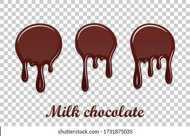 Juego de salpicaduras de chocolate con goteo. La mancha líquida aisló un fondo transparente blanco. Punto de postre fundido. elemento de mancha de diseño 3D realista. La decoración de la comida. Leche, salpicadura de chocolate negro Ilustración vectorial