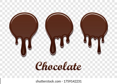Chocolate drip splash set. Liquid blot isolated white transparent background. Melt dessert spot. 3D realistic design stain element. Food decoration. Milk, dark chocolate splashing Vector illustration