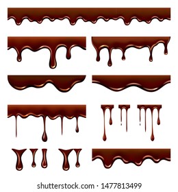 Chocolate dripped. Sweet flowing liquid food with splashes and drops caramel cacao vector realistic pictures