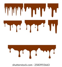Chocolate dripped. Sweet flowing liquid food with splashes and drops caramel cacao vector realistic pictures. Brown liquid dessert, sweet drip melt
