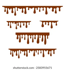 Chocolate dripped. Sweet flowing liquid food with splashes and drops caramel cacao vector realistic pictures. Brown liquid dessert, sweet drip melt