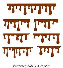 Chocolate dripped. Sweet flowing liquid food with splashes and drops caramel cacao vector realistic pictures. Brown liquid dessert, sweet drip melt