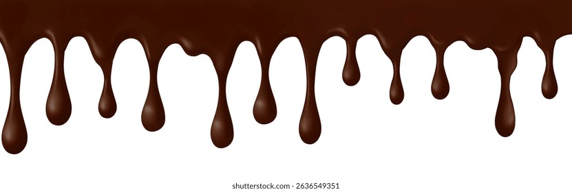 Chocolate dripping horizontal border. Sweet liquid stain Vector realistic in 3d illustration. Food
