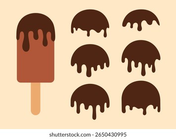 Chocolate Dripping Toppings and Ice Cream Vector Set. Melting Chocolate Sauce Element for Dessert, Popsicle, Sweet Design. Isolated Flat Cartoon Style vector.