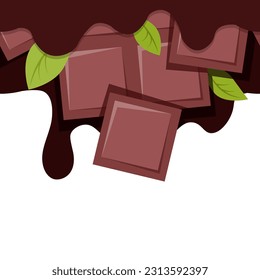 Chocolate drips and chocolate bars with mint leaves in a seamless border