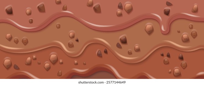 Chocolate drips with candy chunks - realistic smooth flowing streams of melted cocoa, caramel waves and scattered sweet pieces on brown background for confectionery packaging design or banner layout.