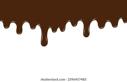 Chocolate drips on a white background, creating a delicious and mouth-watering effect. Ideal for advertising desserts or sweets