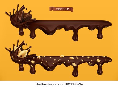 Chocolate drips and splash. Pieces of chocolate and peanuts. 3d vector realistic objects