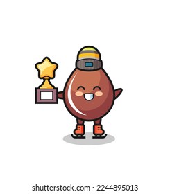 chocolate drop cartoon as an ice skating player hold winner trophy , cute style design for t shirt, sticker, logo element