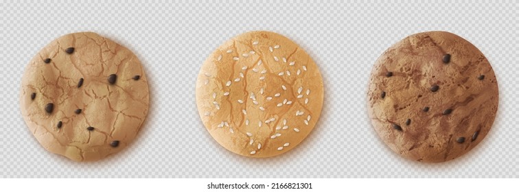 Chocolate drop cookies realistic vector top view. Crumble oatmeal biscuit with cinnamon, cocoa or sesame sprinkles isolated on white bsckground. Cracked homemade cakes