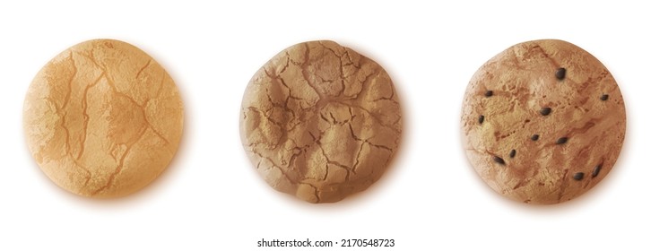 Chocolate drop cookies realistic vector top view. Crumble oatmeal biscuit with cinnamon, cocoa or sesame sprinkles isolated on white bsckground. Cracked homemade cakes