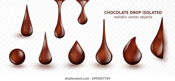 Chocolate drop isolated on transparent background. Realistic glossy vector drips of brown cream, molten dark chocolate, cocoa, ganache sauce