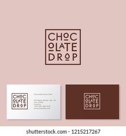 Chocolate drop logo. Cakes and desserts cafe. Brown letters on a foursquare badge. Fat logo for cafe. Identity. Business card.