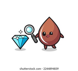 mascota de gota de chocolate está revisando la autenticidad de un diamante , diseño de estilo lindo para camiseta, pegatina, elemento logo