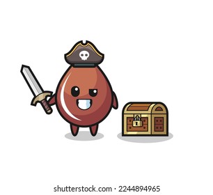 the chocolate drop pirate character holding sword beside a treasure box , cute style design for t shirt, sticker, logo element