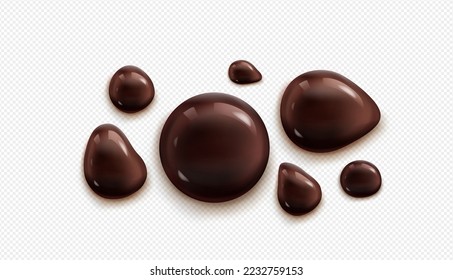 Chocolate drops, dark brown liquid glossy ganache sauce or syrup blobs, melt smudges isolated on transparent background. Sweet choco spherical textured spots, design elements, Realistic 3d vector set