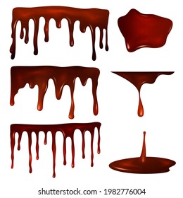 Chocolate drops or melted choco fondant, dark chocolate splotch and splatter. Sweet cocoa product elements for banner or birthday card, advertising decoration. Vector confectionary ornament set.