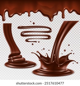 Chocolate drops and splashes isolated on transparent background. Vector illustration