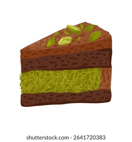 Chocolate Dubai layered cake slice with green pistachio flavor. Dark choco cheesecake vector illustration of treats for food packaging, menus, posters, blogs, recipe books