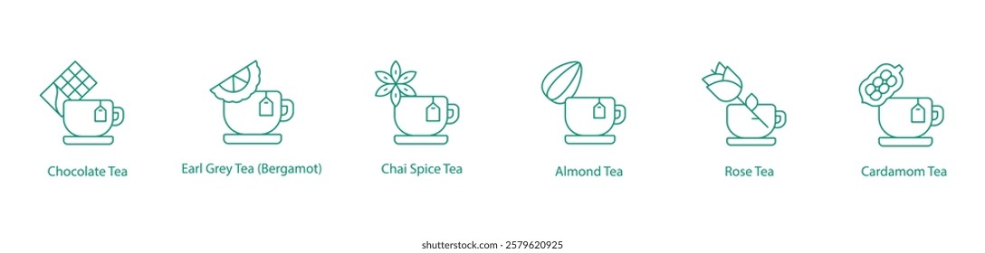 Chocolate, Earl Grey, Chai Spice, Almond, Rose, and Cardamom Tea Icon Set