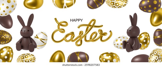Chocolate Easter background with chocolate bunnies, golden Easter eggs, festive decorations. 3D holiday banner, greeting card, seasonal template with copy space for text. Easter celebration concept