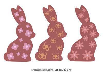 Chocolate Easter bunnies decorated with flower patterns. Vector illustrations, isolated on a white background. 