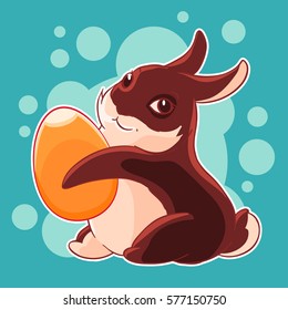 Chocolate Easter Bunny with egg in his paws. Hunting. Spring holiday. Vector illustration. T-shirt print. Greeting card.