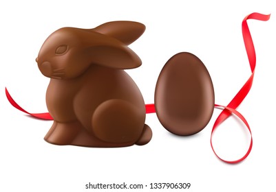 Chocolate easter bunny and egg with ribbon isolated on white background. Vector illustration. Ready for your design. EPS10.
