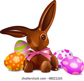 A  chocolate Easter bunny  with Easter Eggs