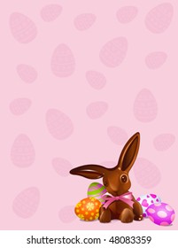 A  chocolate Easter bunny  with Easter Eggs background