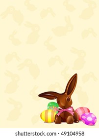 A  chocolate Easter bunny  with Easter Eggs background